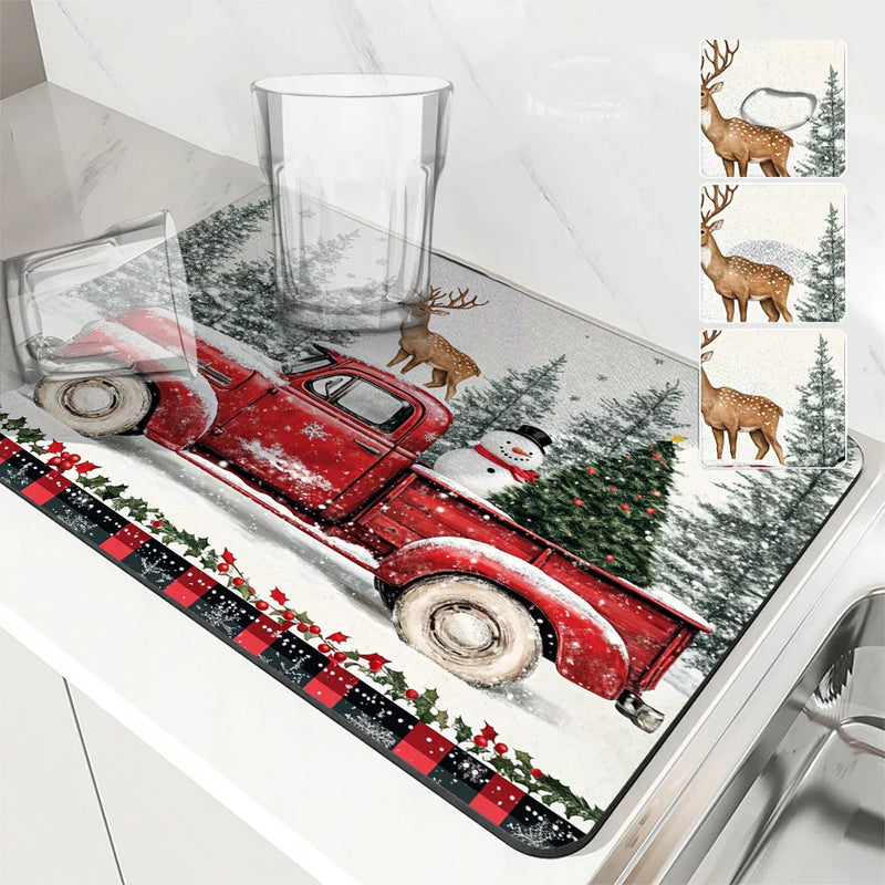 Axyaa Coffee Mat: Christmas Absorbent Draining Mat with Rubber Backing