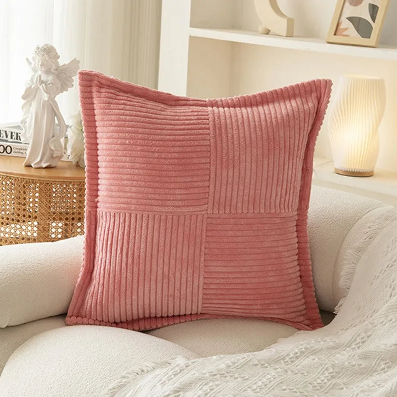 Axyaa Soft Corduroy Striped Border Throw Pillow Covers 18x18 Inch