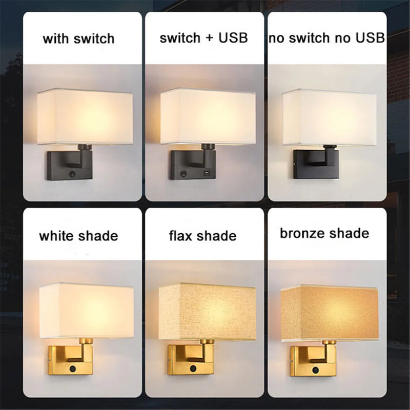 Axyaa Black/Bronze Wall Sconces with White/Yellow Fabric Shade and USB Switch