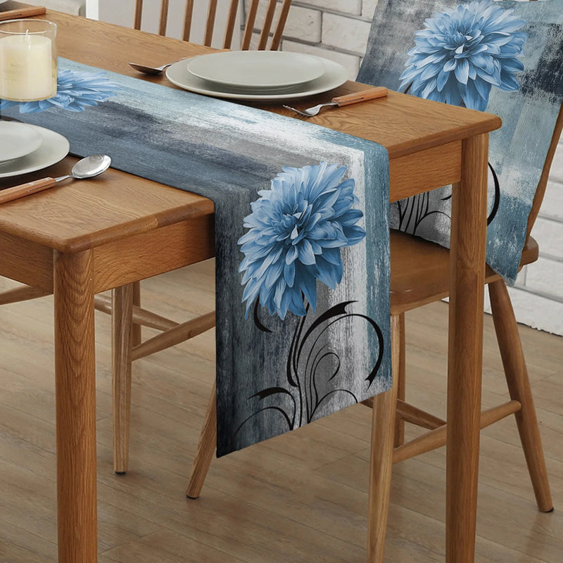 Axyaa Blue Dahlia Oil Painting Table Runner - Home Dinner Table Decor