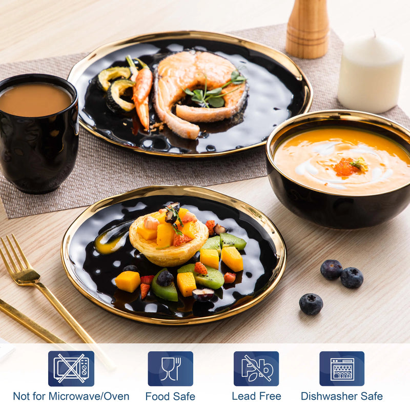 Axya 16/32 Piece Black Porcelain Dinnerware Set with Gold Trim - Tableware Set