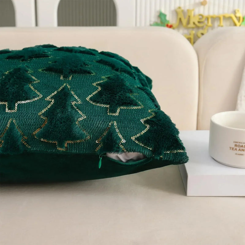 Axyaa Winter Green Faux Fur Christmas Tree Decorative Pillow Covers