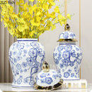 Axyaa Blue White Porcelain Jar Gold Edged Ceramic Vase Dried Flower Arrangement