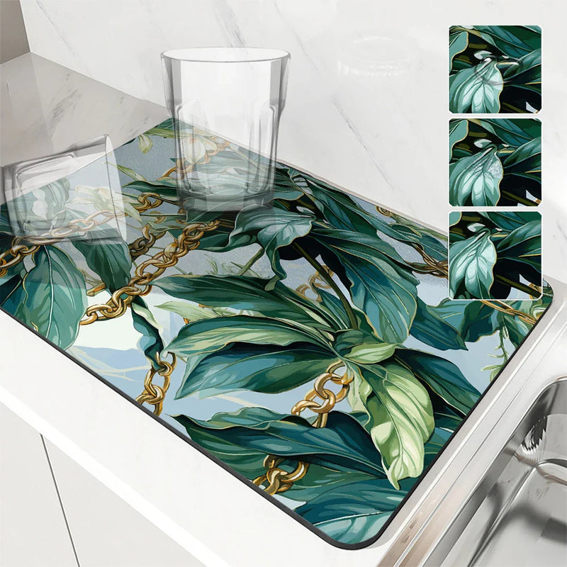 Tropical Palm Drying Mat by Axyaa: Absorbent Anti-Slip Coffee Mat & Table Placemat