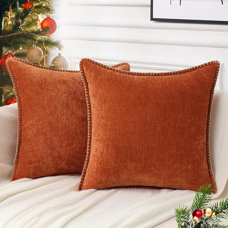Luxury Blue Chenille Cushion Covers with Stitched Edge for Sofa Decor - Axyaa