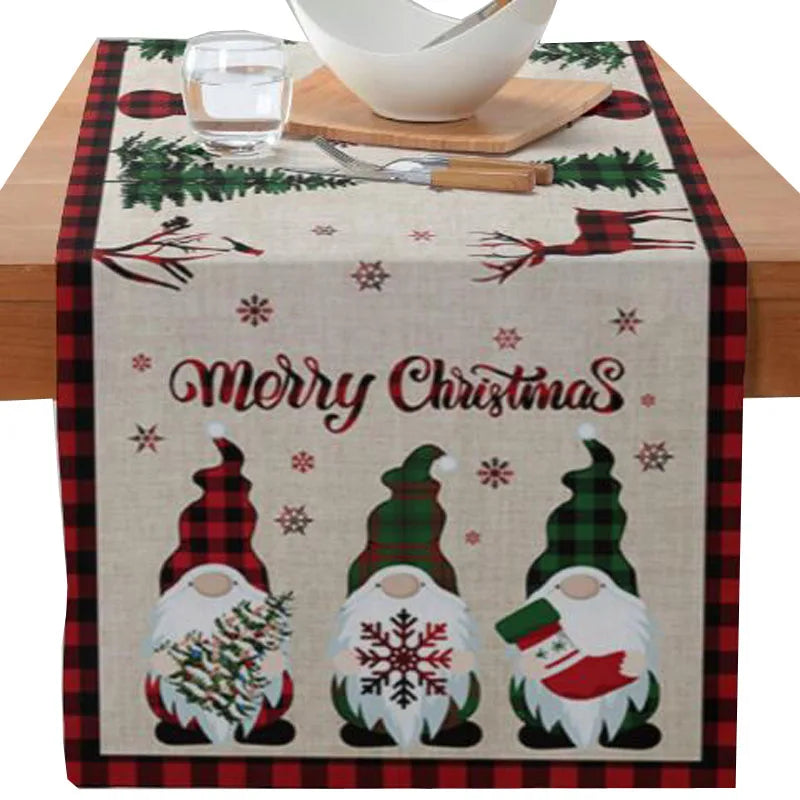 Axyaa Christmas Table Runner with Gnome Elk Tree Snowflake Print