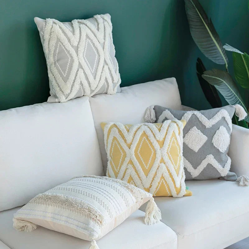 Ivory Tassel Cushion Cover - Moroccan Style Tuft - Axyaa Brand