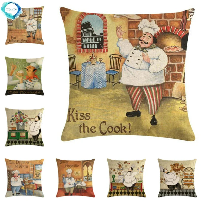 Axyaa Chef Portrait Oil Painting Cotton Linen Throw Pillow Cover 45X45CM