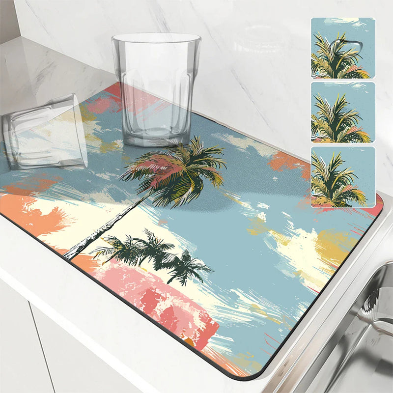 Axyaa Tropical Plants Coffee Cup Drying Mat Non-slip Absorbent Mat for Kitchen Counter