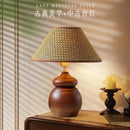 Axyaa Retro Wooden Table Lamp LED Fabric Lampshade Creative Rotundity Base Desk Light