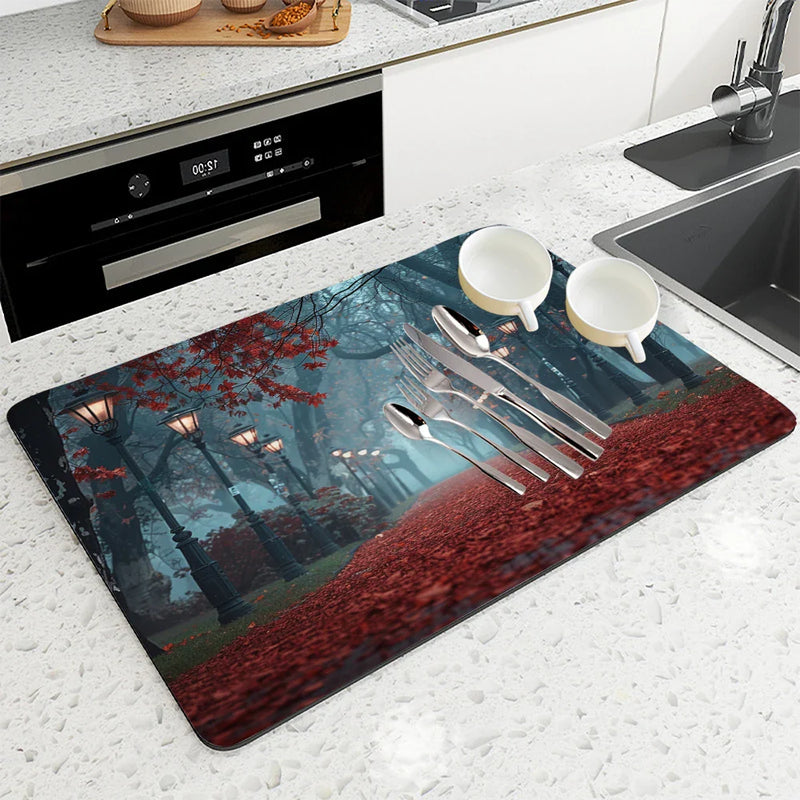 Axyaa Autumn Park Kitchen Drain Pad, Heat Resistant Dish Drying Mat