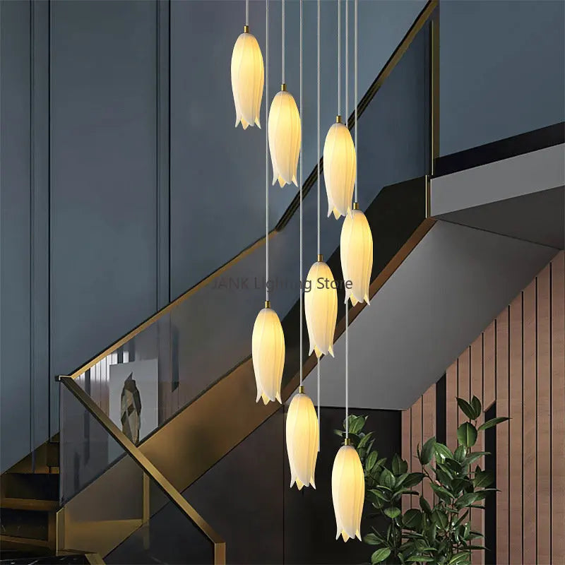 Axyaa Tulip Staircase Chandelier: Luxury Multi-heads LED Hanging Lamp for Exquisite Spaces