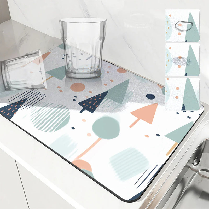 Geometric Color Block Non-Slip Absorbent Mat by Axyaa: Kitchen Counter Drain Mat