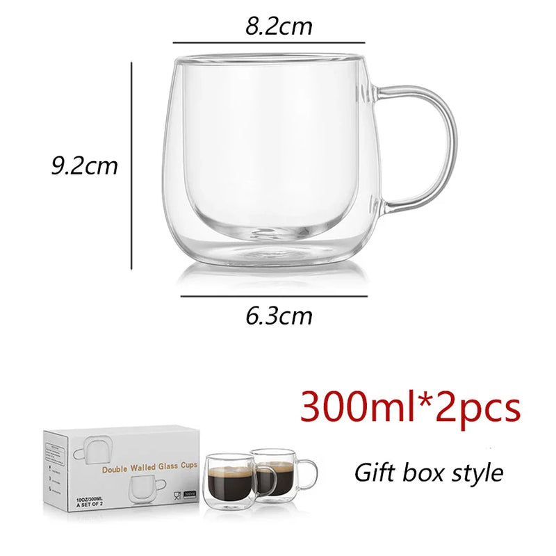 Axya 300ml Double Wall Glass Coffee Cups Set with Handle, Insulated Teacup Mug