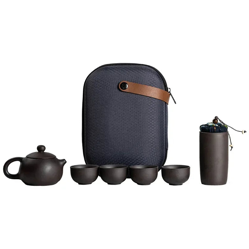 Axya Portable Purple Sand Tea Set: Pot, 4 Cups, Crack Cup, Kung Fu Style