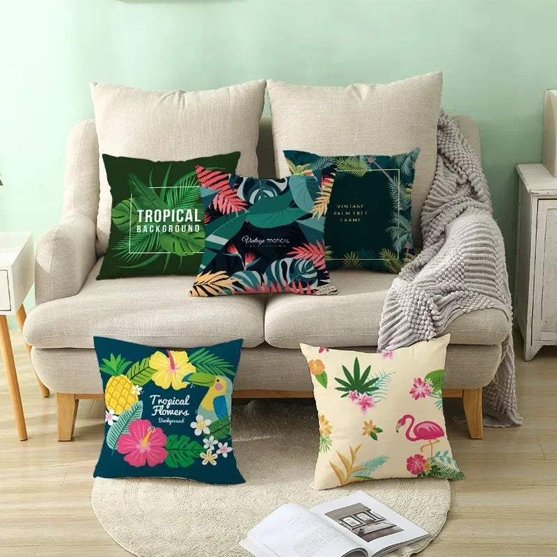 Flamingo Flower Rainforest Cushion Cover with Tropical Plant Animal Pattern by Axyaa