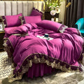 Luxury European Embroidery Four Piece Set by Axyaa - Polished Solid Color & Lace Bed Skirt