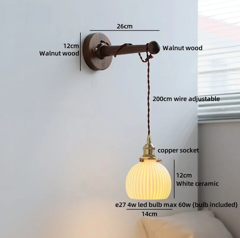 Axyaa Round Ceramic E27 Wall Lamp with Pull Chain Switch and Warm LED Light