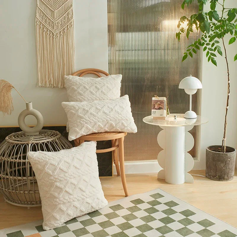 Geometric Short Plush Pillow Cover Set for Sofa and Chair by Axyaa