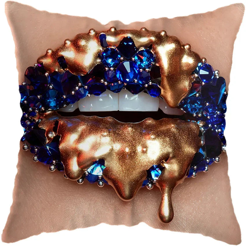 Pink Gold Lips Cushion Cover by Axyaa: Modern Nordic Diamond Painting Home Decor