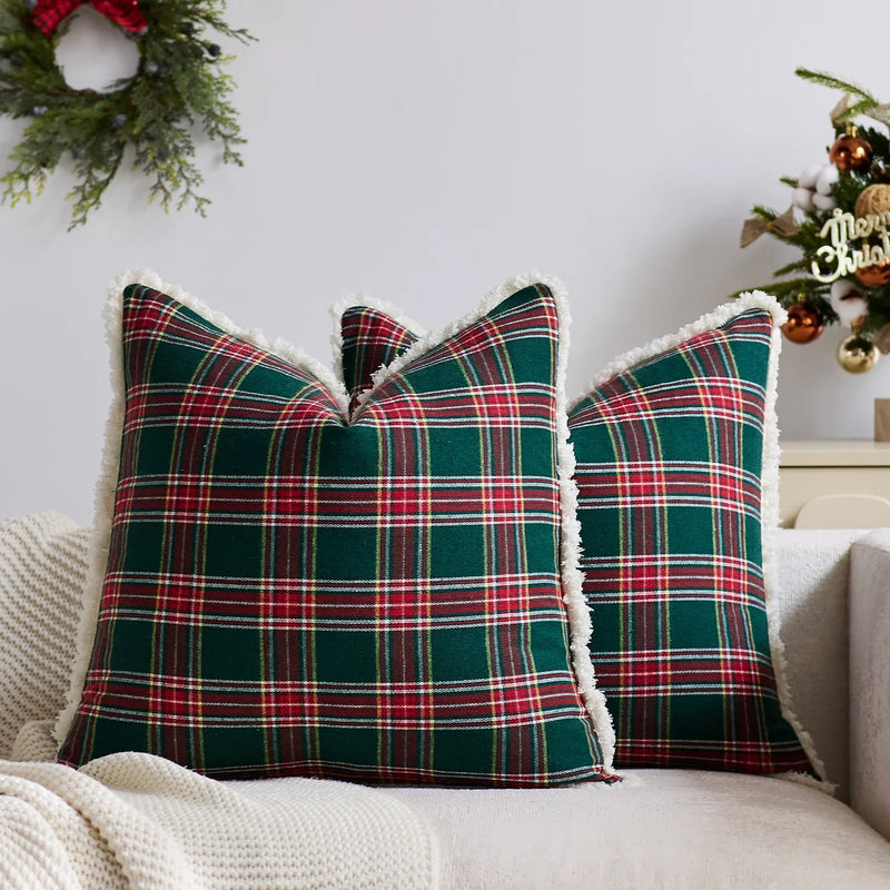 Axyaa Christmas Tartan Plaid Cushion Cover Red Green Ivory 45x45cm 50x50cm