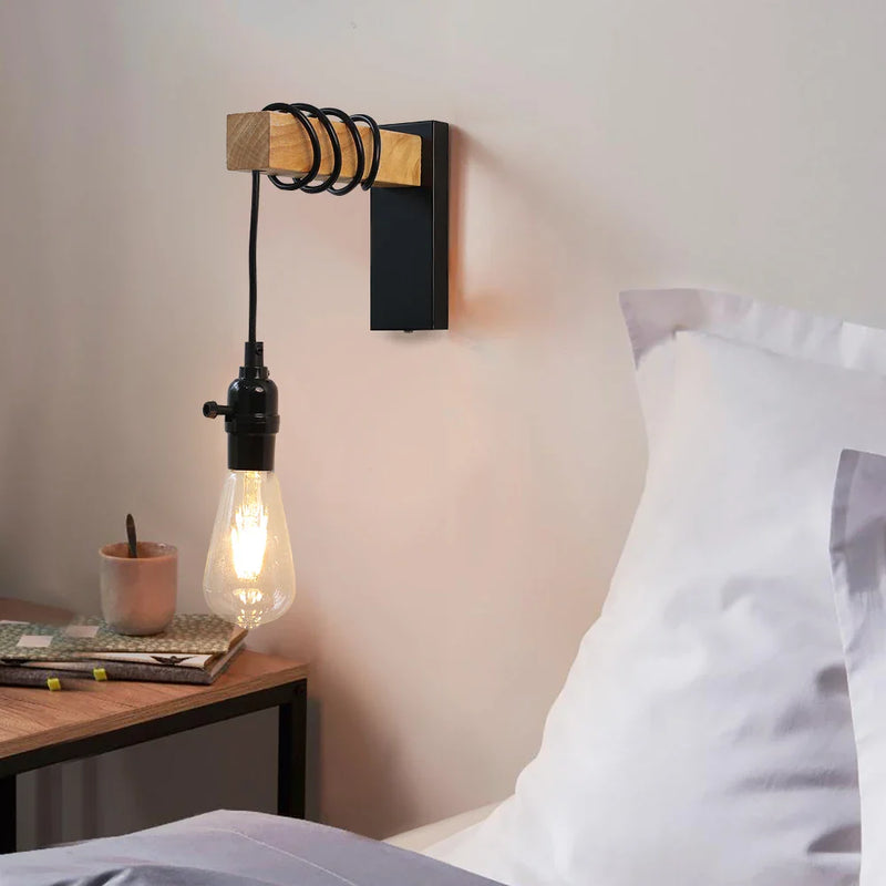 Axyaa Retro Iron Wood Wall Sconce Indoor Lamp -  E27 Bedside Dining Room Switch
