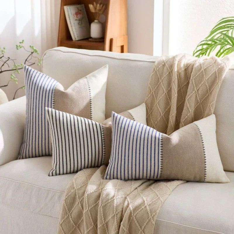 Cream Tan Two Tone Striped Pillow Cover for Home Sofa Couch Living Room by Axyaa