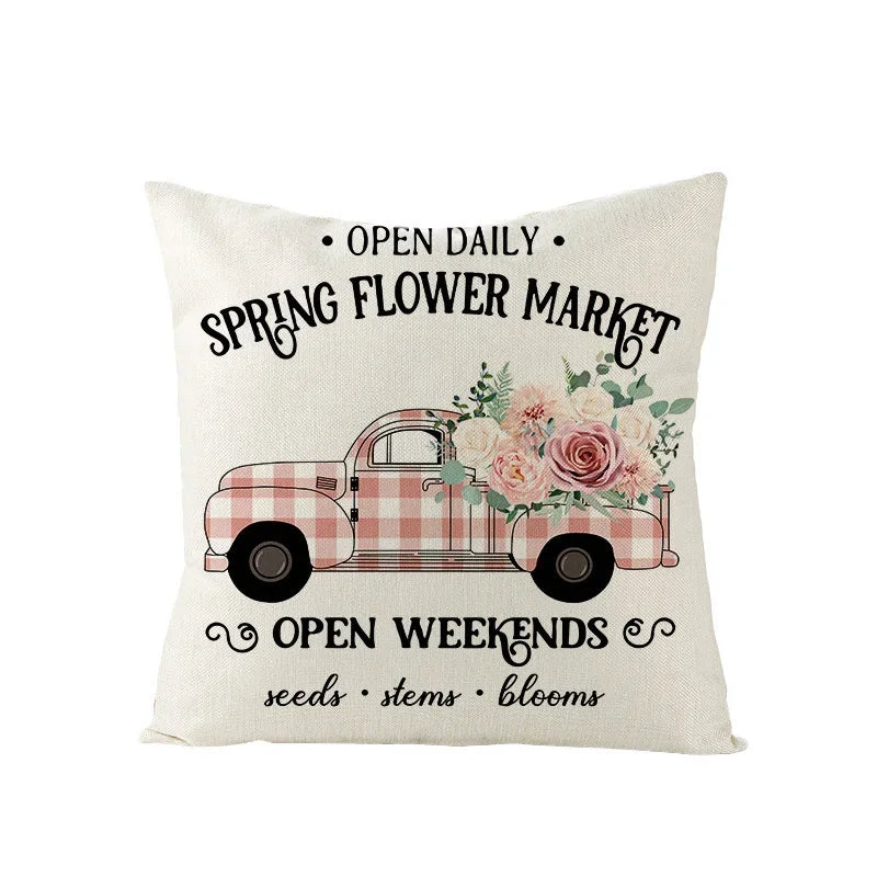 Pink Truck Flower Print Cushion Cover 45x45cm - Axyaa