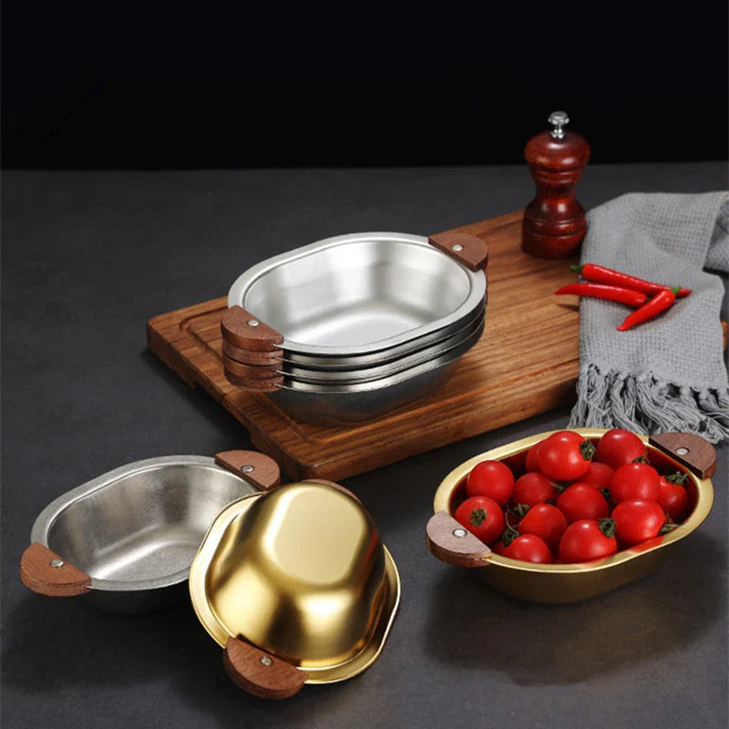 Axyaa Stainless Steel Salad Bowl with Wooden Handle for Children, Outdoor Picnic Tableware