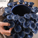 Axyaa Deep Blue Flower Clusters Ceramic Vase for Elegant Desk & Room Decor
