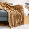 Axyaa Luxury Caramel Knitted Throw Blanket with Wave Tassels