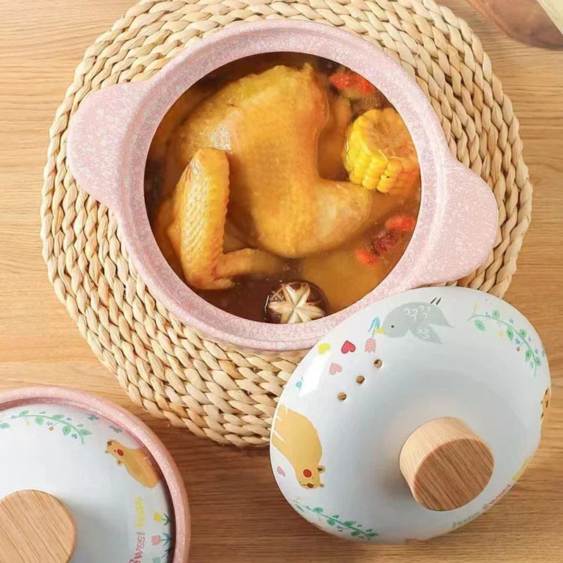 Axya Ceramic Casserole Korean Cartoon Soup Pot Cute Pink Cookware Utensils for Home Kitchen