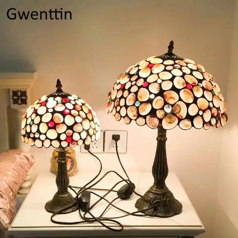 Axyaa Tiffany Shell Table Light Vintage Mediterranean Stain Glass Desk