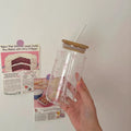 Axyaa Bowknot Glass Cups: 500ml Can Shaped Tumbler with Bamboo Lid and Straw
