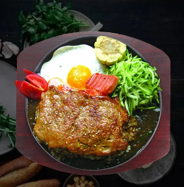 Axya Round Cast Iron BBQ Grill Pan with Wooden Tray for Striped Steak & Barbecue