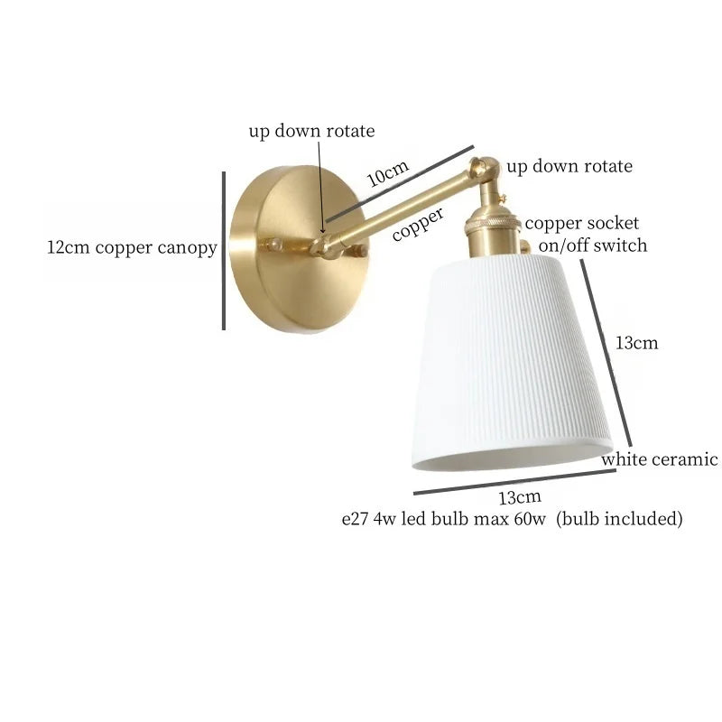 Axyaa White Ceramic LED Wall Sconce Lamp, Nordic Copper Minimalism for Living Room, Bedroom