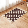 Axyaa Nordic Cotton Linen Tassel Rug - Handmade Checkerboard Tufted Mat for Living Room