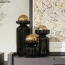 Axyaa Black Glass Vase with Golden Ball Lid - Desk Decoration, Flower Arrangement, Hydroponics