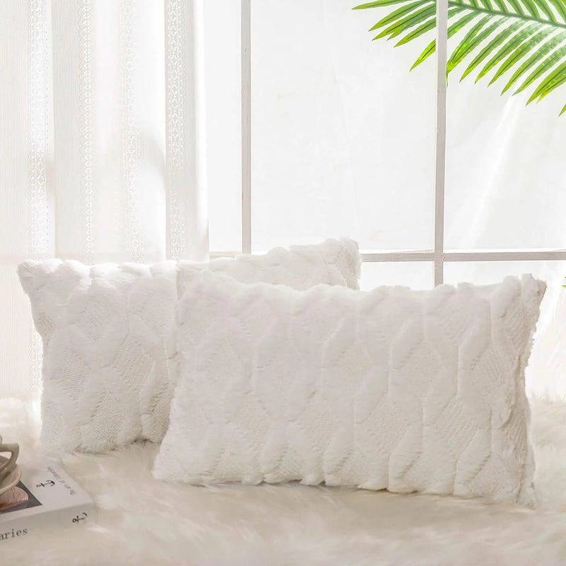 Axyaa White Plush Sofa Pillow Cover 30x50 Soft Rectangular Cushion Case