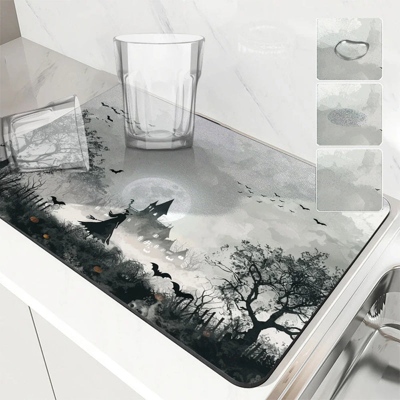 Axyaa Halloween Watercolor Draining Mat - Absorbent & Quick Dry Kitchen/Bathroom Drain Pad