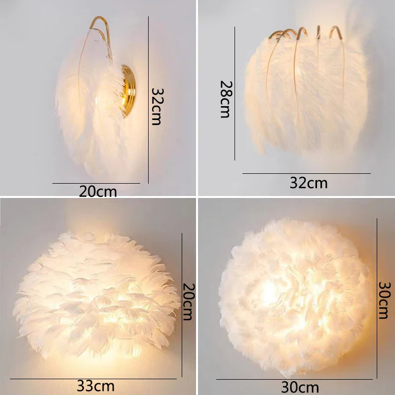 Axya Nordic Feather Wall Lamp Girl Princess Room Decor Sconce Bedroom Bedside Mirror Light