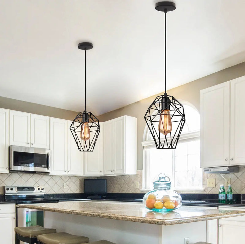 Axya Black Metal Cage Pendant Light - Retro Loft Kitchen Hanging Lamp