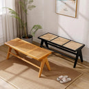 Axyaa Farmhouse Rattan Bench With Footrest - Wood Cane Seat
