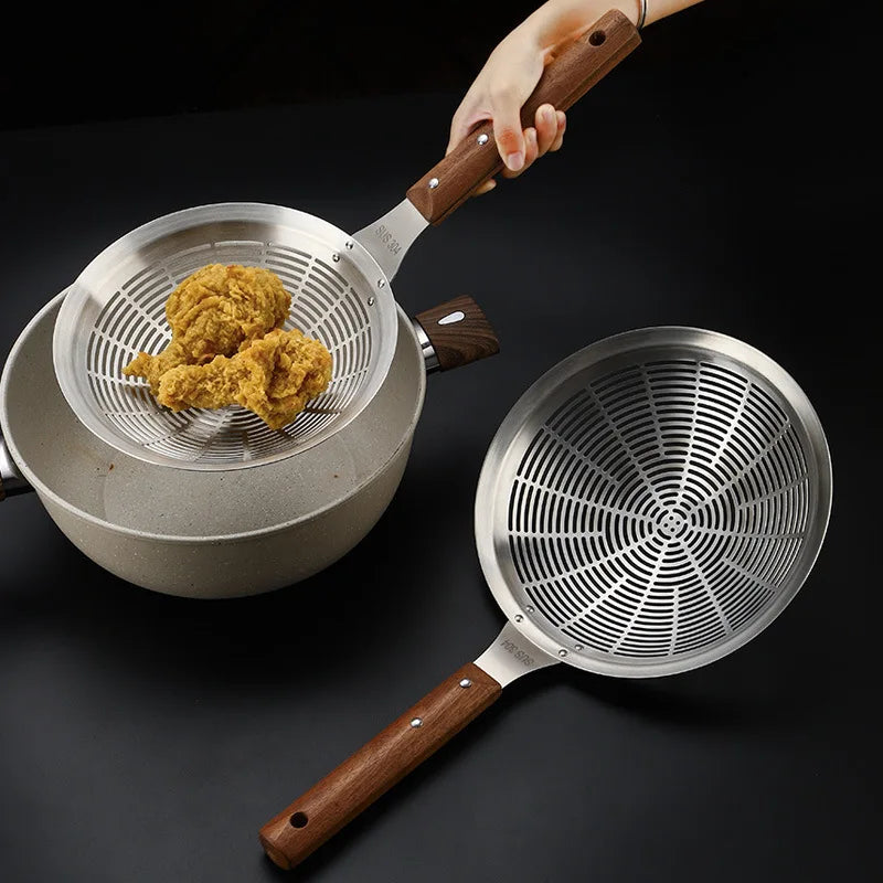 Axyaa Stainless Steel Large Colander with Wooden Handle - Kitchen Strainer Skimmer