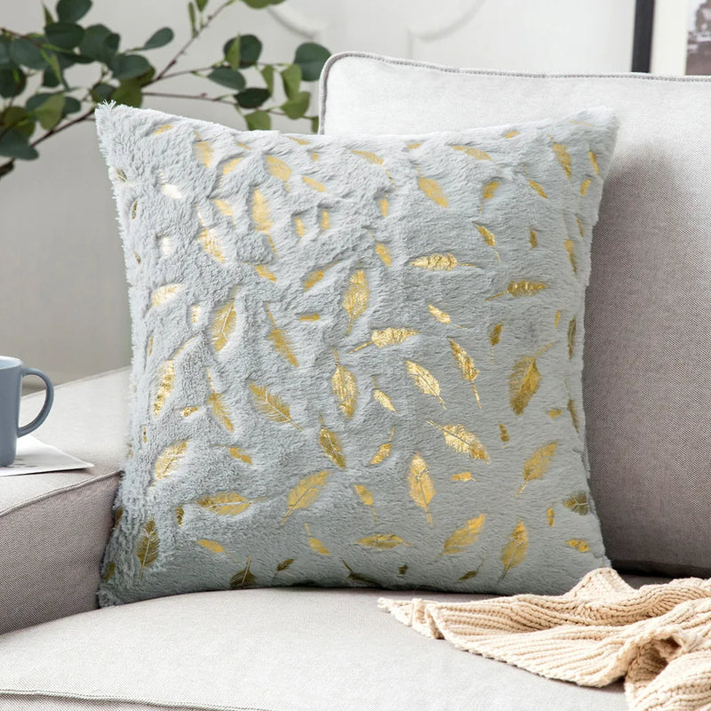Axyaa Bronzing Golden Feather Style Plush Pillowcase for Festive Home Decor