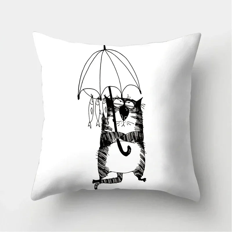 Axyaa Black & White Cat Pattern Cushion Cover for Living Room, Bedroom & Sofa