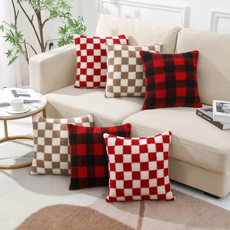 Axyaa Plaid Faux Fur Wool Throw Pillow Cover for Home Decor