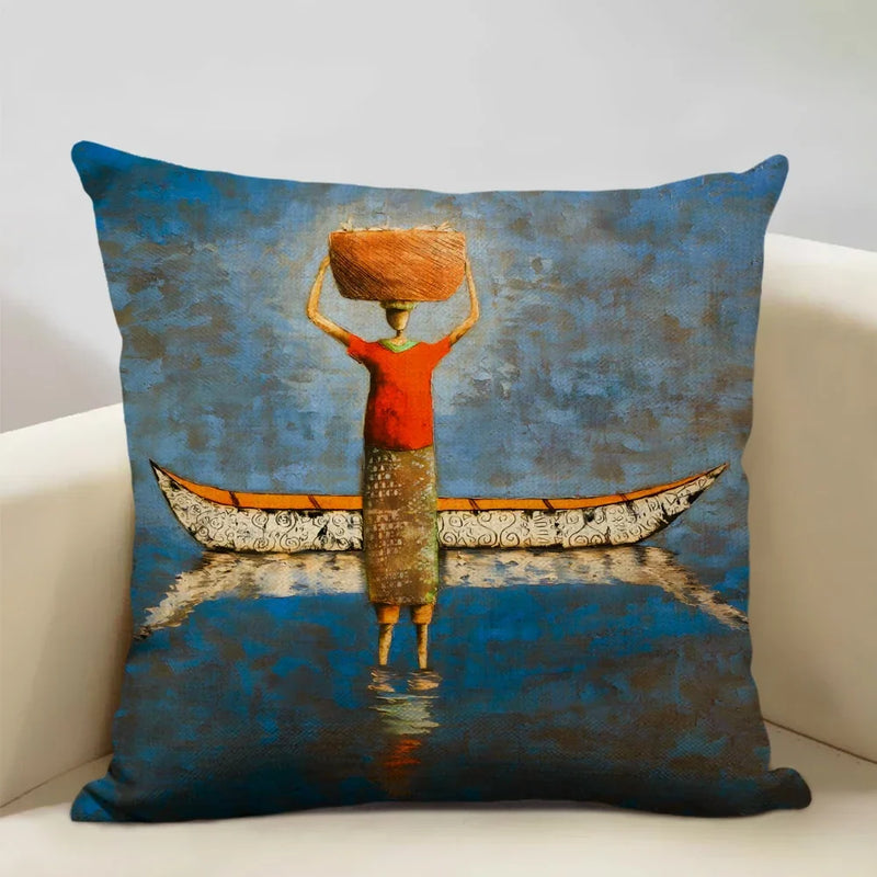 Axyaa African Oil Painting Art Pillow Case 45x45cm Linen Cushion Cover