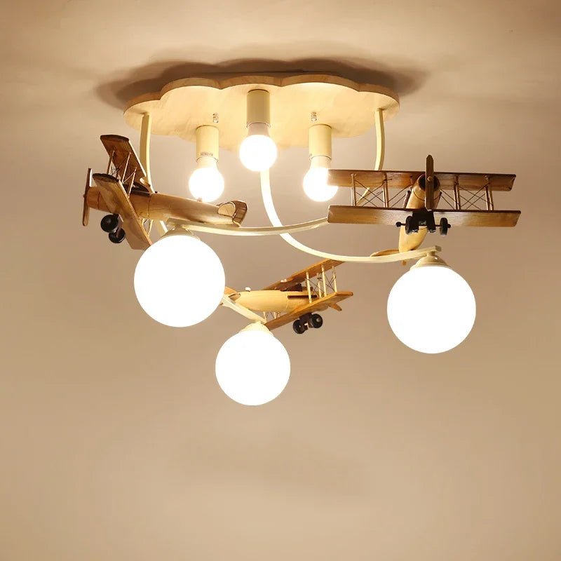 Wooden Airplane Chandelier Light for Children's Bedroom by Axyaa