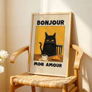 Yellow Good Morning Black Cat Print, Kitchen Wall Art by Axyaa - Cute & Unique Cat Lovers Gift
